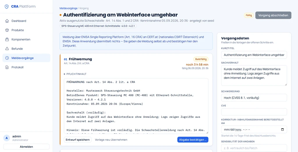 Reporting case in the CRA platform: an actively exploited vulnerability showing "3 h 58 min left" until the early warning under Art. 14(2)(a) CRA, below it the drafted report text with manufacturer, product and time of awareness.