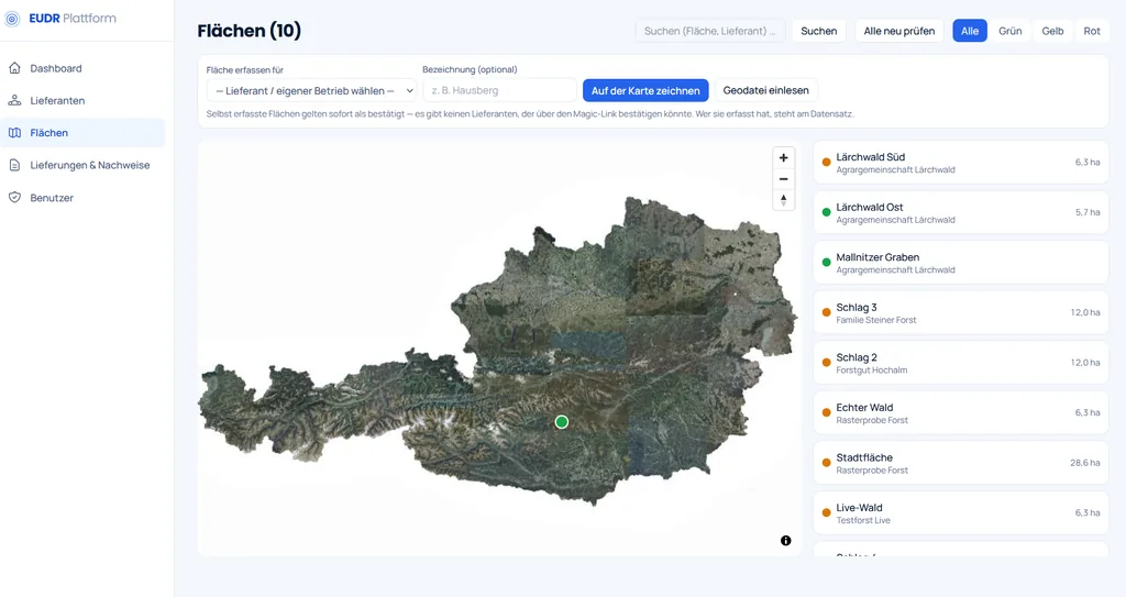 Plot overview of the EUDR platform: a map of Austria beside a list of ten plots, each with a coloured dot for the validation result, the supplier name and the area in hectares.