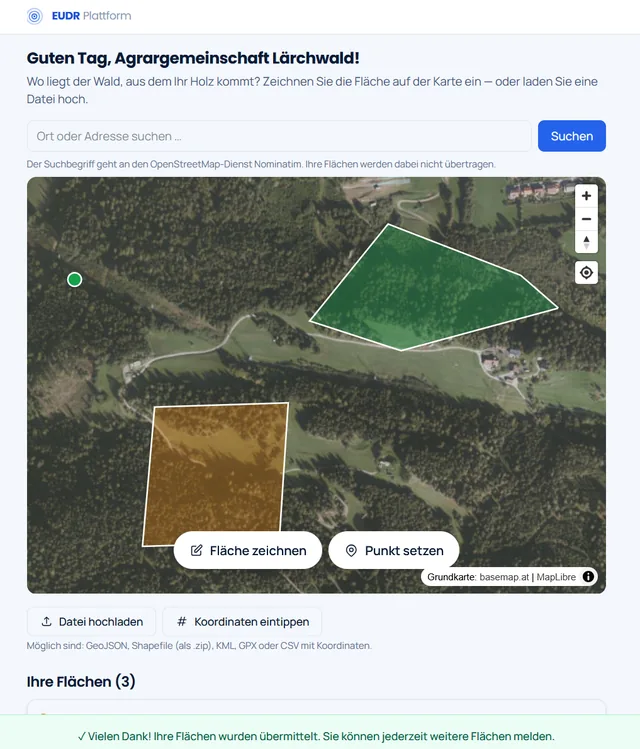 Supplier portal of the EUDR platform: aerial imagery of woodland with one plot outlined in green and one in amber, above buttons to draw a plot or drop a point.